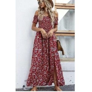 Shein Curve Maxi Dress Off Women's 3XL Short Sleeve Dress Red Long Off Shoulder